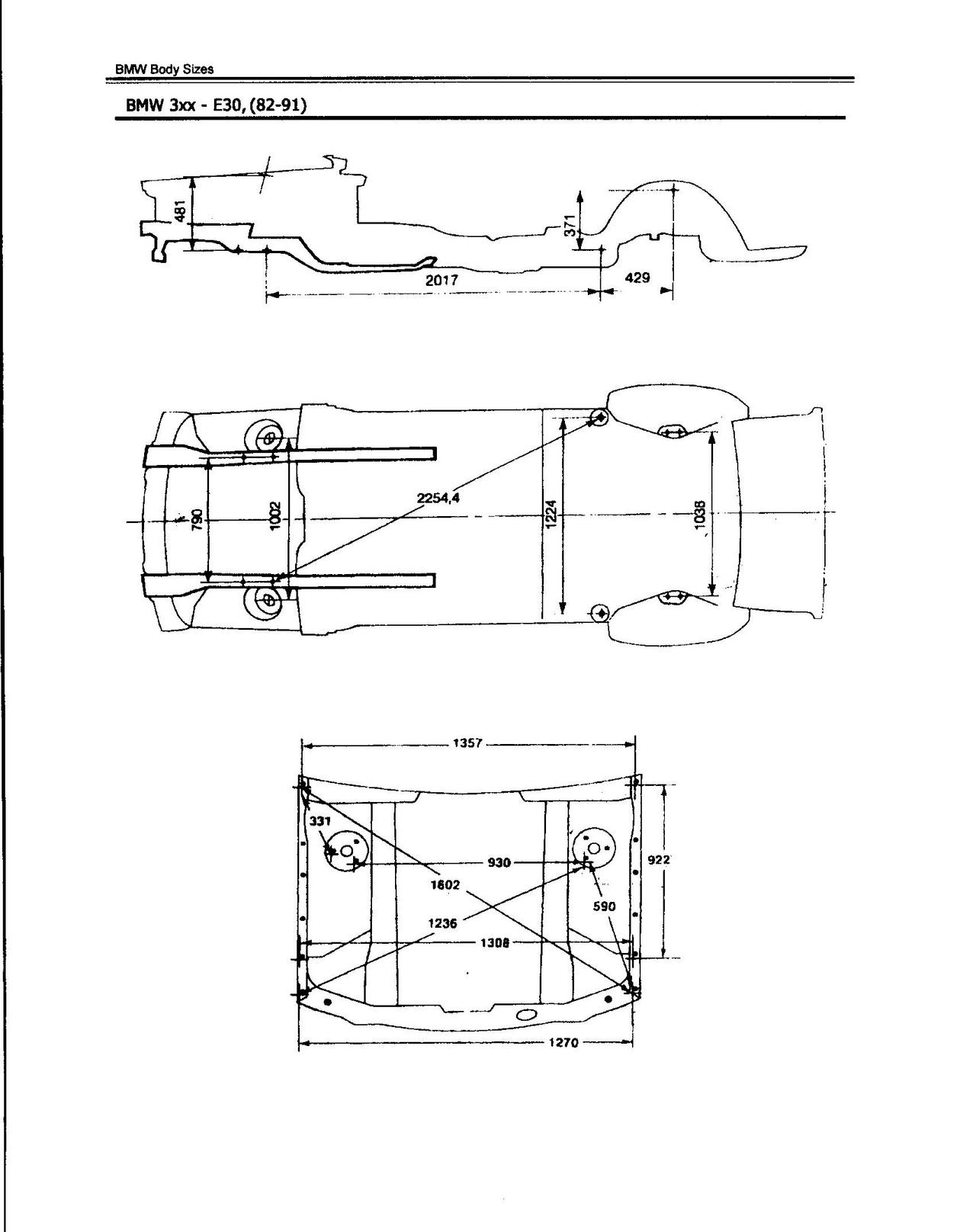 Чертеж заводских размеров кузова BMW E30